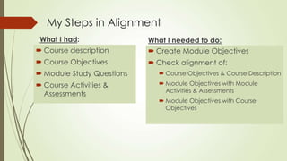 My Steps in Alignment
What I had:
 Course description
 Course Objectives
 Module Study Questions
 Course Activities &
Assessments
What I needed to do:
 Create Module Objectives
 Check alignment of:
 Course Objectives & Course Description
 Module Objectives with Module
Activities & Assessments
 Module Objectives with Course
Objectives
 