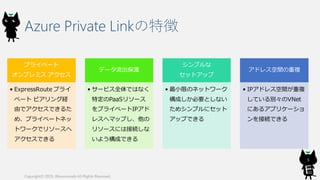 Azure Private Linkの特徴
プライベート
オンプレミス アクセス
• ExpressRoute プライ
ベート ピアリング経
由でアクセスできるた
め、プライベートネッ
トワークでリソースへ
アクセスできる
データ流出保護
• サービス全体ではなく
特定のPaaSリソース
をプライベートIPアド
レスへマップし、他の
リソースには接続しな
いよう構成できる
シンプルな
セットアップ
• 最小限のネットワーク
構成しか必要としない
ためシンプルにセット
アップできる
アドレス空間の重複
• IPアドレス空間が重複
している別々のVNet
にあるアプリケーショ
ンを接続できる
Copyright© 2019, @kosmosebi All Rights Reserved.
5
 