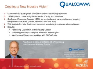 11
Creating a New Industry Vision
Qualcomm is a $20B global provider of wireless technology solutions
13,000 patents create a significant barrier of entry to competitors
Qualcomm Enterprise Services (QES) serves the largest transportation and shipping
companies in the world (FedEx, Walmart, Amazon, Ace)
With Ignite AG’s help, Qualcomm convened two strategic customer advisory boards
Results:
 Positioning Qualcomm as the Industry Leader
 Unique opportunity to integrate all related technologies
 Members and Qualcomm working with DOT officials
 