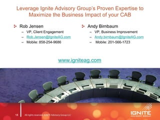 18
Leverage Ignite Advisory Group’s Proven Expertise to
Maximize the Business Impact of your CAB
Andy Birnbaum
– VP, Business Improvement
– Andy.birnbaum@IgniteAG.com
– Mobile: 201-566-1723
Rob Jensen
– VP, Client Engagement
– Rob.Jensen@IgniteAG.com
– Mobile: 858-254-9686
www.igniteag.com
 