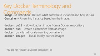 Key Docker Terminology and
Commands
45
Image – A definition. Defines what software is included and how it runs.
Container – A running instance based on the image.
docker pull – download an image from a Docker respository
docker run – create a container from an image
docker ps – list all locally running containers
docker images – list all locally cached images
You do not “install” a Docker container! 
 