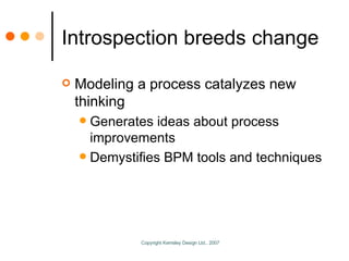 Introspection breeds change Modeling a process catalyzes new thinking Generates ideas about process improvements Demystifies BPM tools and techniques