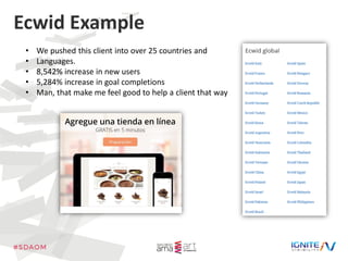 Ecwid Example
• We pushed this client into over 25 countries and
• Languages.
• 8,542% increase in new users
• 5,284% incr...