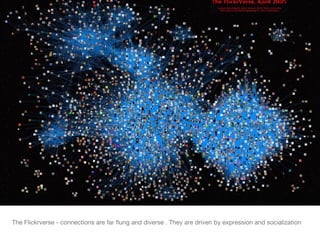 <ul><li>The Flickrverse - connections are far flung and diverse . They are driven by expression and socialization </li></ul>