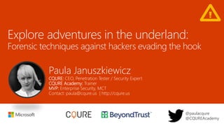 Paula Januszkiewicz
CQURE: CEO, Penetration Tester / Security Expert
CQURE Academy: Trainer
MVP: Enterprise Security, MCT
Contact: paula@cqure.us | http://cqure.us
@paulacqure
@CQUREAcademy
 
