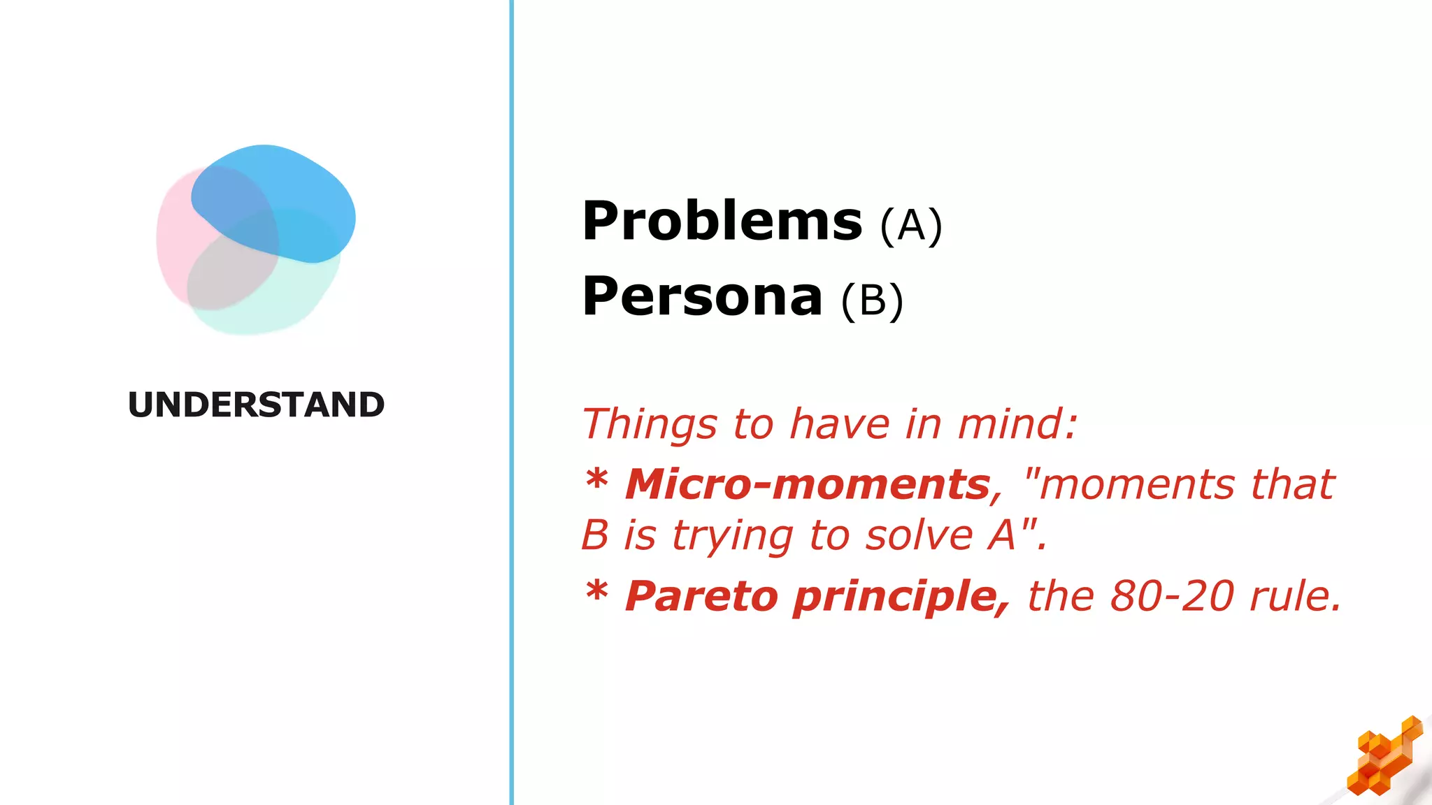 UNDERSTAND
Problems (A)
Persona (B)
Things to have in mind:
* Micro-moments, "moments that
B is trying to solve A".
* Pareto principle, the 80-20 rule.
 