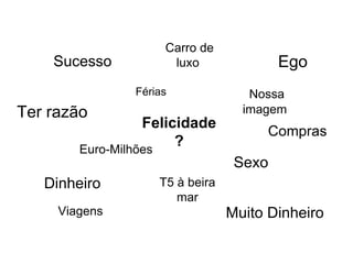 Sucesso Carro de luxo Nossa imagem Ego Sexo Ter razão T5 à beira mar Dinheiro Muito Dinheiro Compras Viagens Euro-Milhões Férias Felicidade ? 