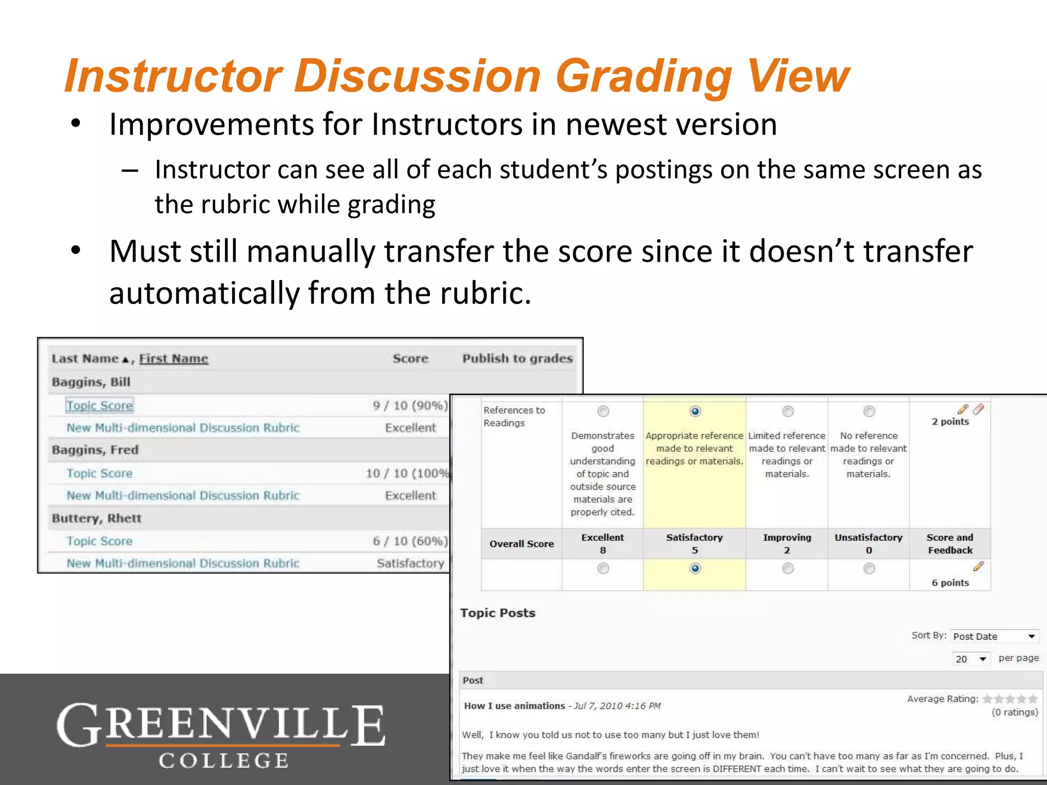 Instructor Discussion Grading View
• Improvements for Instructors in newest version
– Instructor can see all of each student’s postings on the same screen as
the rubric while grading
• Must still manually transfer the score since it doesn’t transfer
automatically from the rubric.
 