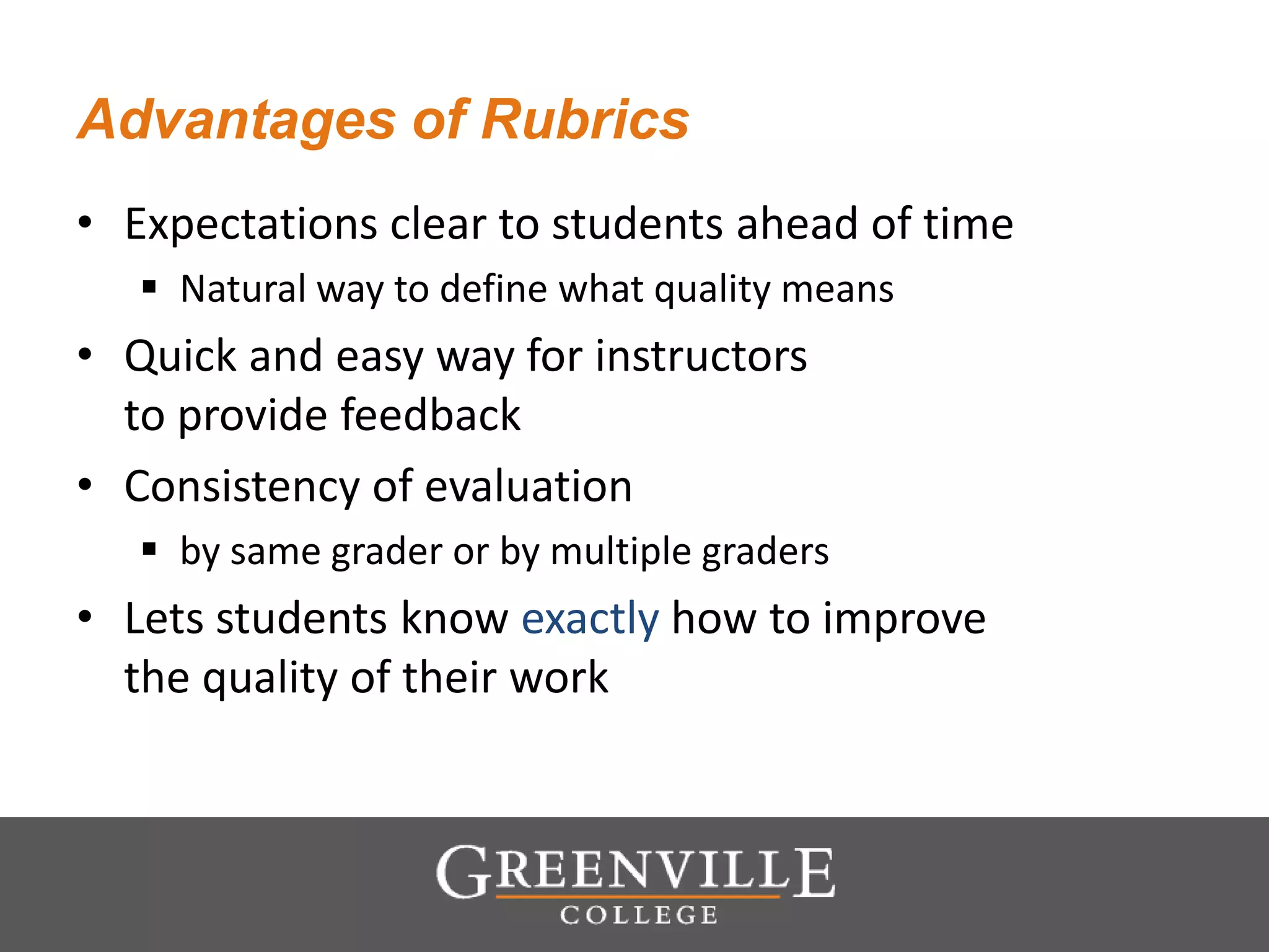Advantages of Rubrics
• Expectations clear to students ahead of time
 Natural way to define what quality means
• Quick and easy way for instructors
to provide feedback
• Consistency of evaluation
 by same grader or by multiple graders
• Lets students know exactly how to improve
the quality of their work
 