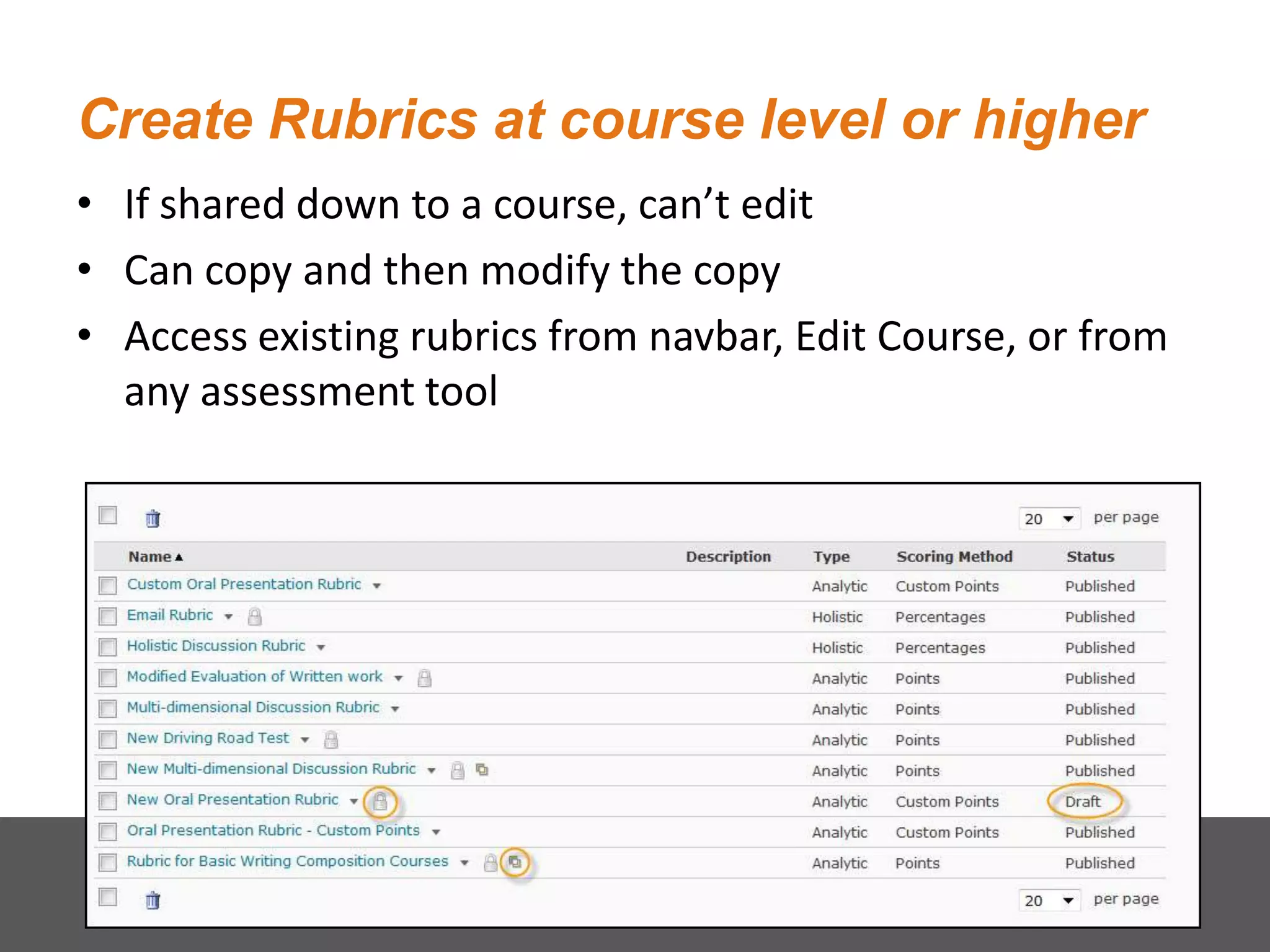 Create Rubrics at course level or higher
• If shared down to a course, can’t edit
• Can copy and then modify the copy
• Access existing rubrics from navbar, Edit Course, or from
any assessment tool
 