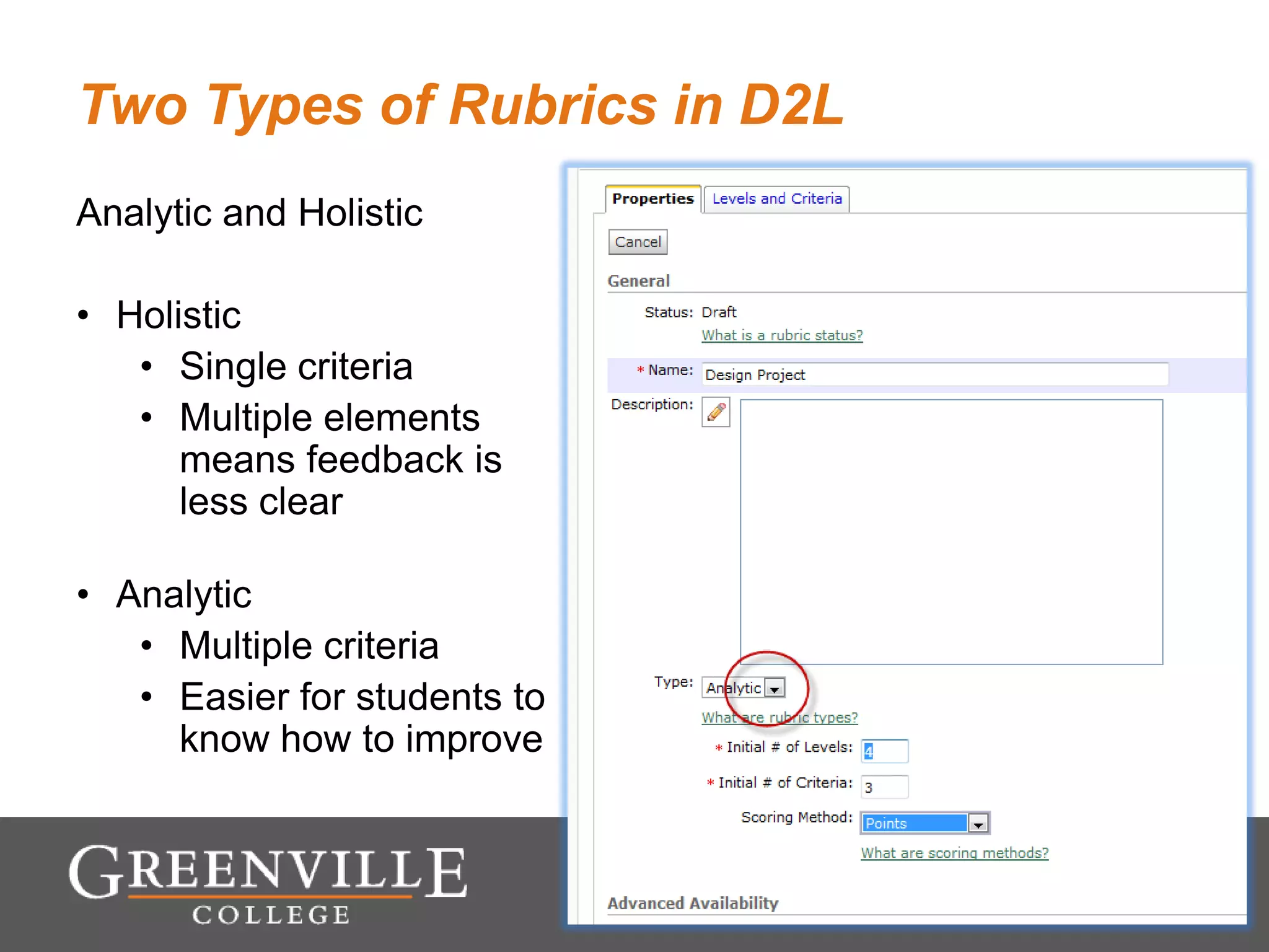 Two Types of Rubrics in D2L
Analytic and Holistic
• Holistic
• Single criteria
• Multiple elements
means feedback is
less clear
• Analytic
• Multiple criteria
• Easier for students to
know how to improve
 