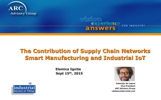 The Contribution of Supply Chain Networks
Smart Manufacturing and Industrial IoT
Elemica Ignite
Sept 15th, 2015
Valentijn de Leeuw
Vice President
ARC Advisory Group
vdeleeuw@arcweb.com
 
