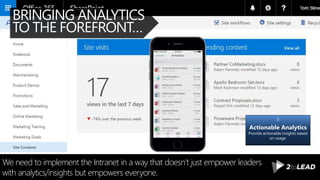 BRINGING ANALYTICS
TO THE FOREFRONT…
We need to implement the Intranet in a way that doesn’t just empower leaders
with analytics/insights but empowers everyone.
Actionable Analytics
Provide actionable insights based
on usage.
 