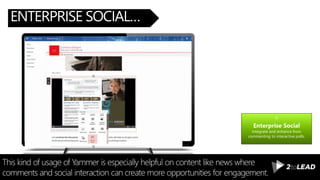 ENTERPRISE SOCIAL…
This kind of usage of Yammer is especially helpful on content like news where
comments and social interaction can create more opportunities for engagement.
Enterprise Social
Integrate and enhance from
commenting to interactive polls.
 