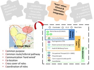 A Virtual Ward
• Common purpose
• Common route/referral pathway
• Communication ‘hard wired’
• Co-location
• Cross cover of roles
• Coordination of roles
 