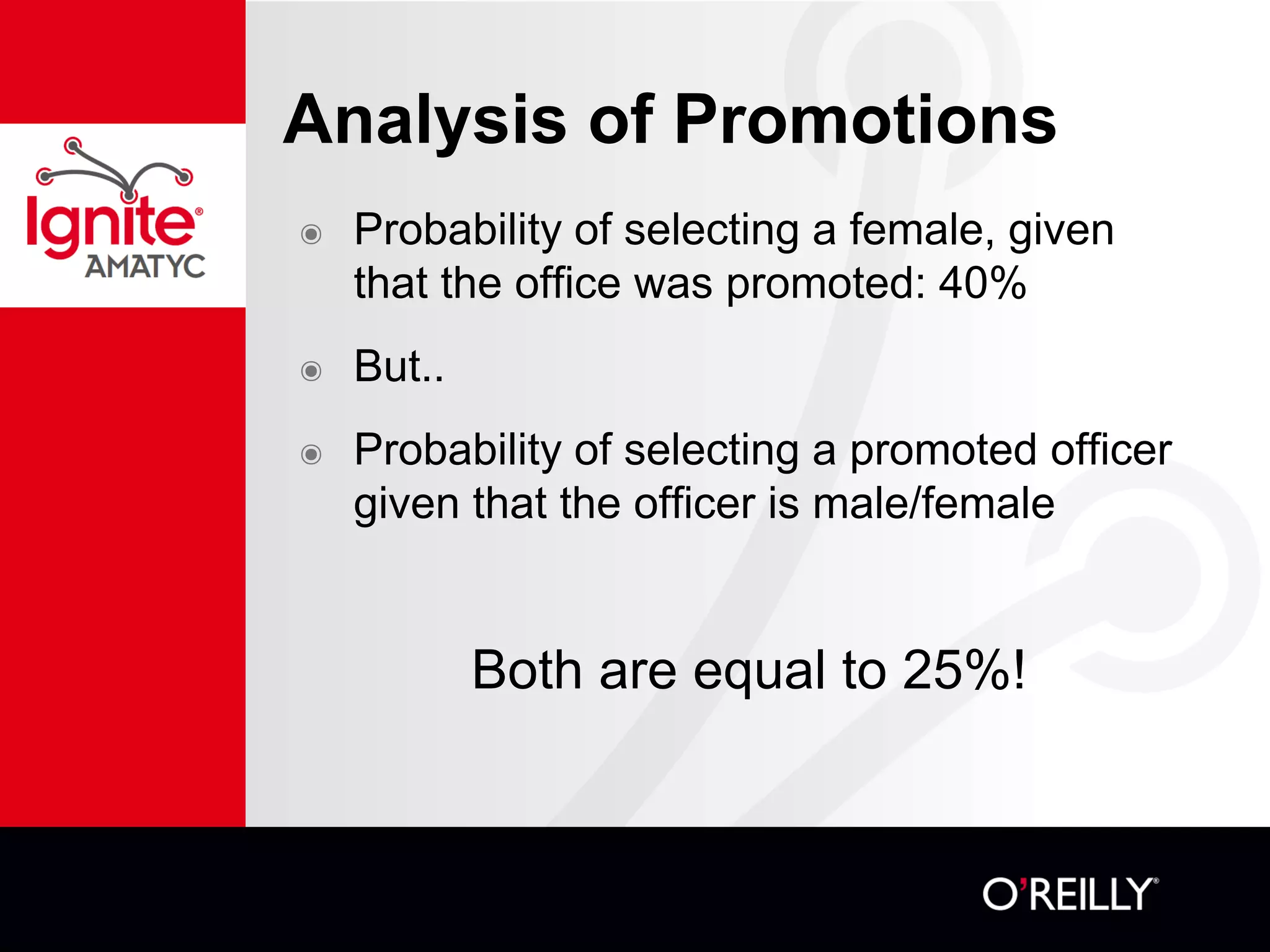 Analysis of Promotions
๏ Probability of selecting a female, given
that the office was promoted: 40%
๏ But..
๏ Probability of selecting a promoted officer
given that the officer is male/female
Both are equal to 25%!
 