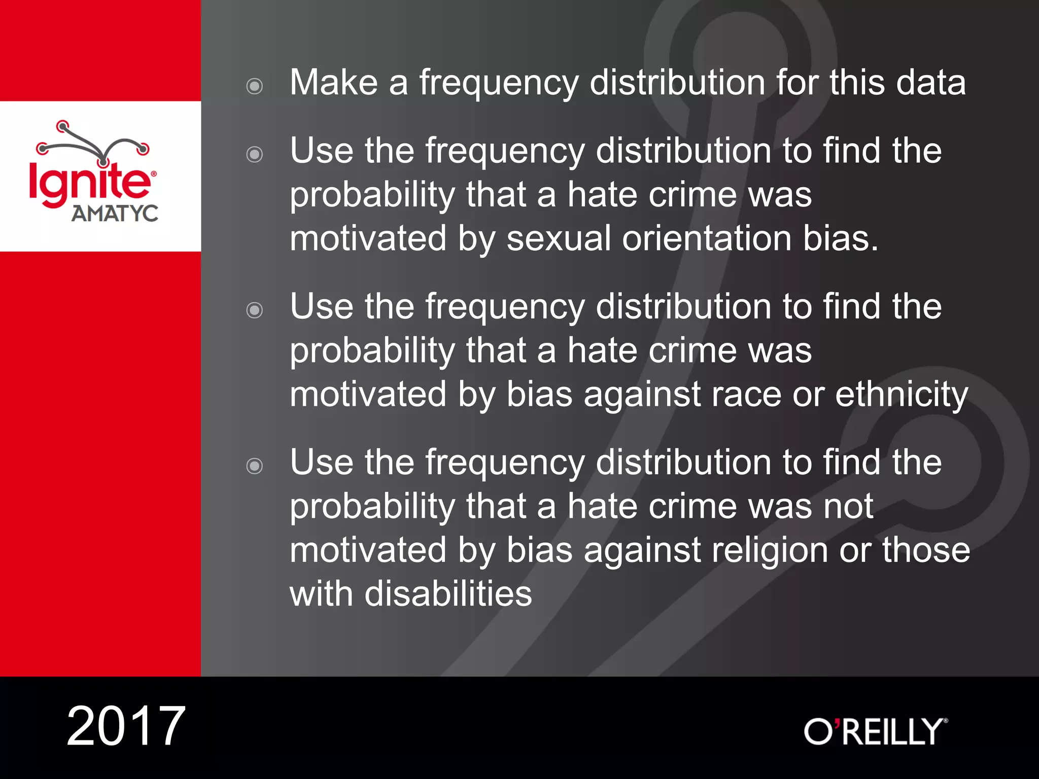 ๏ Make a frequency distribution for this data
๏ Use the frequency distribution to find the
probability that a hate crime was
motivated by sexual orientation bias.
๏ Use the frequency distribution to find the
probability that a hate crime was
motivated by bias against race or ethnicity
๏ Use the frequency distribution to find the
probability that a hate crime was not
motivated by bias against religion or those
with disabilities
2017
 