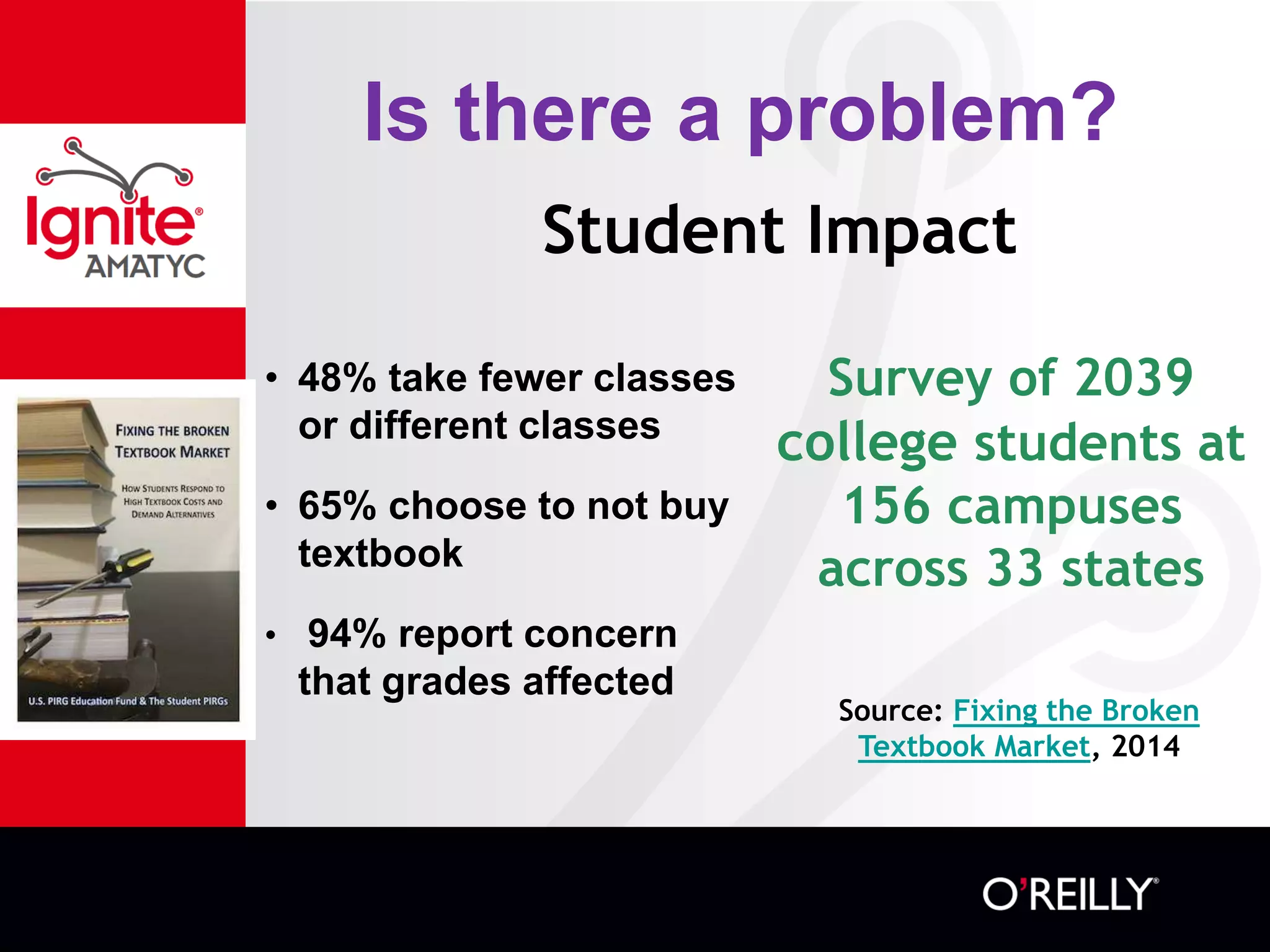 Is there a problem?
Student Impact
• 48% take fewer classes
or different classes
• 65% choose to not buy
textbook
• 94% report concern
that grades affected
Source: Fixing the Broken
Textbook Market, 2014
Survey of 2039
college students at
156 campuses
across 33 states
 