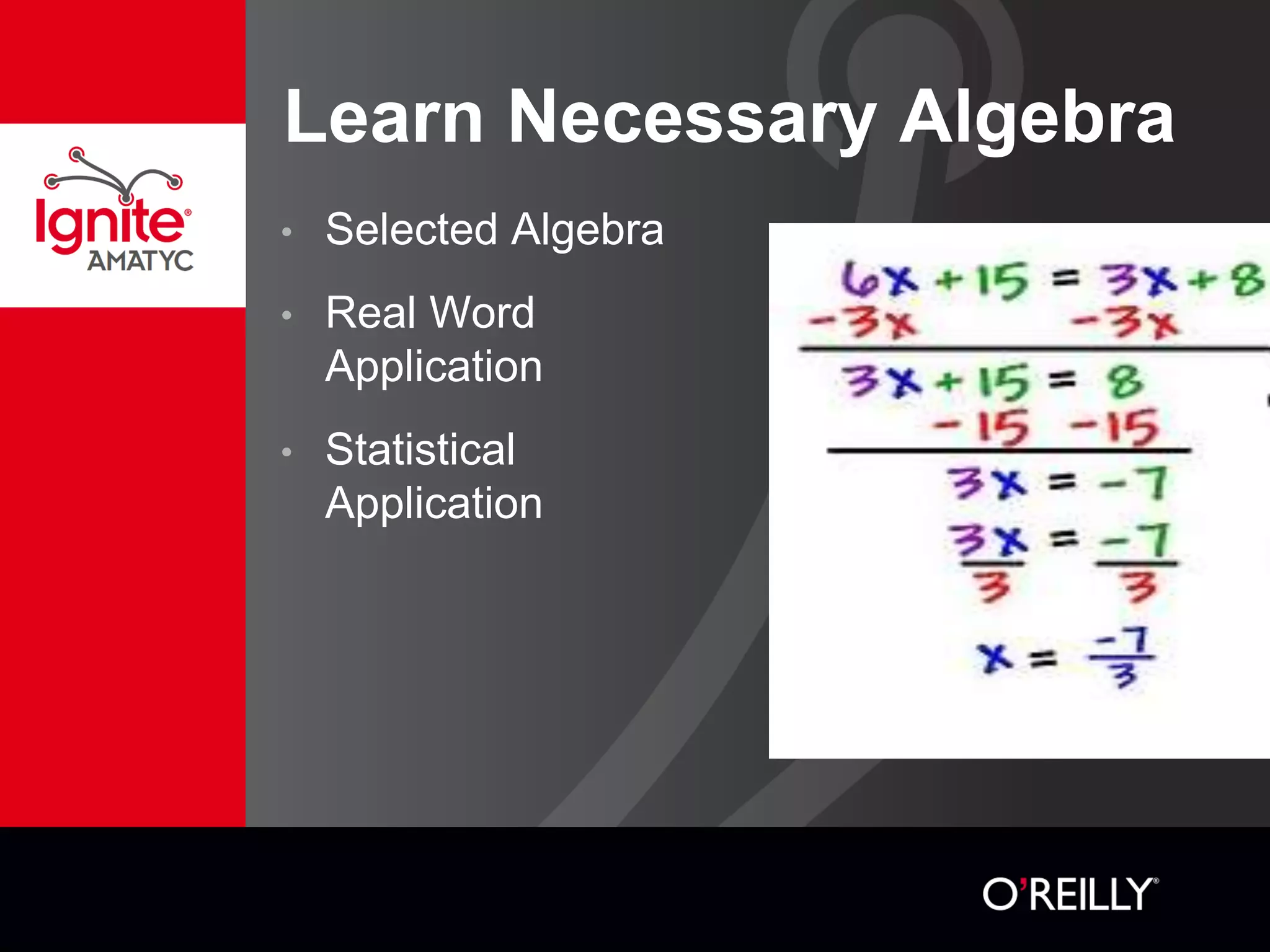 Learn Necessary Algebra
• Selected Algebra
• Real Word
Application
• Statistical
Application
 