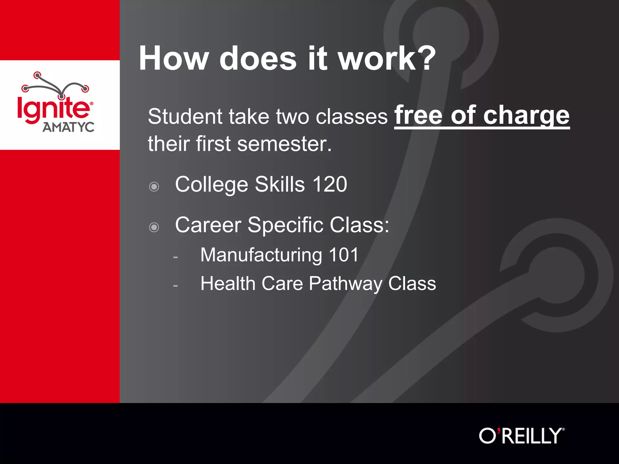How does it work?
Student take two classes free of charge
their first semester.
๏ College Skills 120
๏ Career Specific Class:
- Manufacturing 101
- Health Care Pathway Class
 