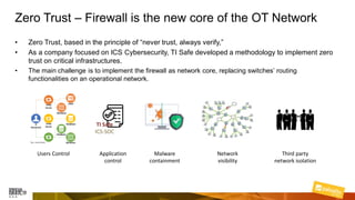 Zero Trust – Firewall is the new core of the OT Network
• Zero Trust, based in the principle of “never trust, always verify,”
• As a company focused on ICS Cybersecurity, TI Safe developed a methodology to implement zero
trust on critical infrastructures.
• The main challenge is to implement the firewall as network core, replacing switches’ routing
functionalities on an operational network.
Users Control Application
control
TI Safe
ICS-SOC
Malware
containment
Third party
network isolation
Network
visibility
 