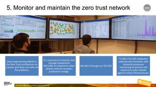 5. Monitor and maintain the zero trust network
Only implementing NGFW in
the Zero Trust architecture on
a power grid does not solve all
the problems.
It´s necessary to monitor and
manage equipments
24x7x365 to respond to cyber
attacks without causing a
production outage.
We did it through our ICS-SOC
TI Safe's ICS-SOC integrates
cybersecurity functions with
industrial processes
monitoring to prevent and
respond to cyber attacks
against critical infrastructures.
Palo Alto Networks Proprietary and Confidential 35
 