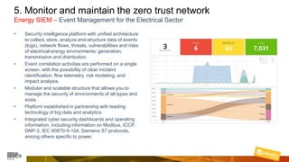 5. Monitor and maintain the zero trust network
Energy SIEM – Event Management for the Electrical Sector
• Security intelligence platform with unified architecture
to collect, store, analyze and structure data of events
(logs), network flows, threats, vulnerabilities and risks
of electrical energy environments: generation,
transmission and distribution.
• Event correlation activities are performed on a single
screen, with the possibility of clear incident
identification, flow telemetry, risk modeling, and
impact analysis.
• Modular and scalable structure that allows you to
manage the security of environments of all types and
sizes.
• Platform established in partnership with leading
technology of big data and analytics.
• Integrated cyber security dashboards and operating
information, including information on Modbus, ICCP,
DNP-3, IEC 60870-5-104, Siemens S7 protocols,
among others specific to power.
 
