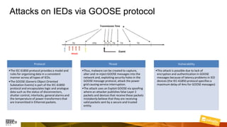 Attacks on IEDs via GOOSE protocol
Protocol
•The IEC 61850 protocol provides a model and
rules for organizing data in a consistent
manner across all types of IEDs.
•The GOOSE (GenericObject Oriented
Substation Events) is part of the IEC-61850
protocol and encapsulates logic and analogue
data such as the status of disconnectors,
shutter control, interlocks, general alarms and
the temperature of power transformers that
are transmitted in Ethernet packets.
Threat
•Thus, malware can be created to capture,
alter and re-inject GOOSE messages into the
network and, exploiting security holes in the
GOOSE message protocol, attack the power
grid causing service interruption.
•The attack uses an Exploit GOOSE via spoofing
where an attacker publishes false Layer 2
packets and devices that receive these packets
mistakenly believe that they are receiving
valid packets sent by a secure and trusted
entity.
Vulnerability
•This attack is possible due to lack of
encryption and authentication in GOOSE
messages because of latency problems in IED
devices (the IEC-61850 protocol specifies a
maximum delay of 4ms for GOOSE messages)
Transmission Time
Attack
Event
 