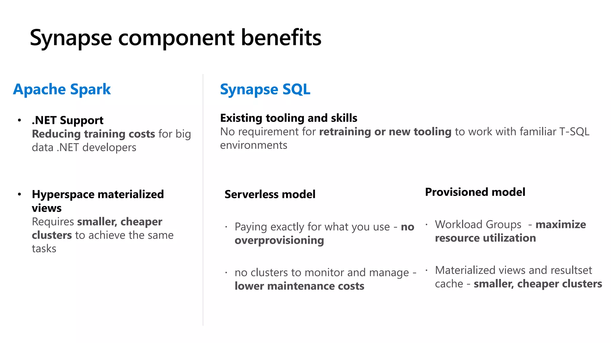 Synapse component benefits
Existing tooling and skills
No requirement for retraining or new tooling to work with familiar T-SQL
environments
• .NET Support
Reducing training costs for big
data .NET developers
Provisioned model
 Workload Groups - maximize
resource utilization
 Materialized views and resultset
cache - smaller, cheaper clusters
Apache Spark Synapse SQL
• Hyperspace materialized
views
Requires smaller, cheaper
clusters to achieve the same
tasks
Serverless model
 Paying exactly for what you use - no
overprovisioning
 no clusters to monitor and manage -
lower maintenance costs
 