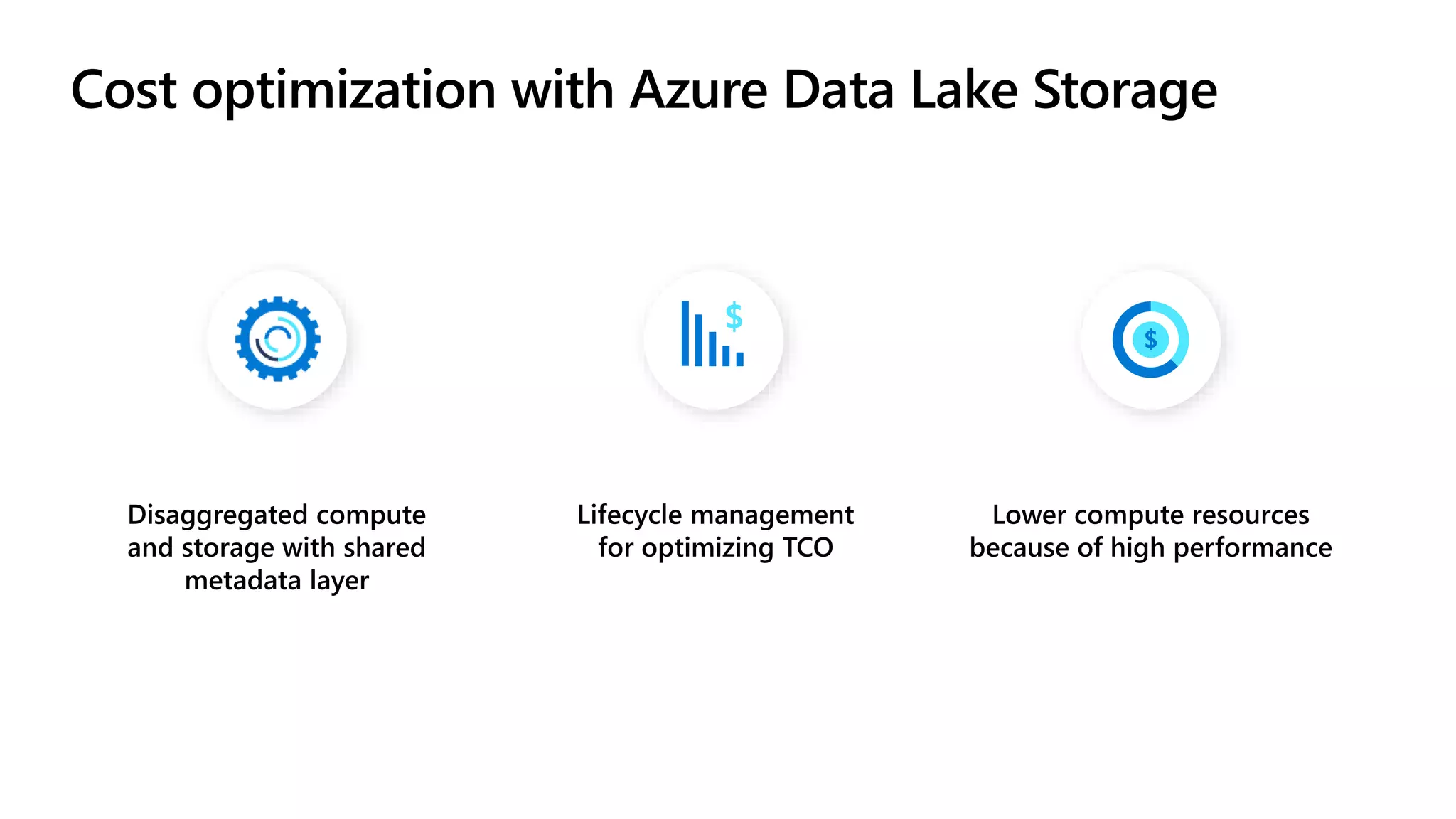 Cost optimization with Azure Data Lake Storage
Disaggregated compute
and storage with shared
metadata layer
Lifecycle management
for optimizing TCO
Lower compute resources
because of high performance
 
