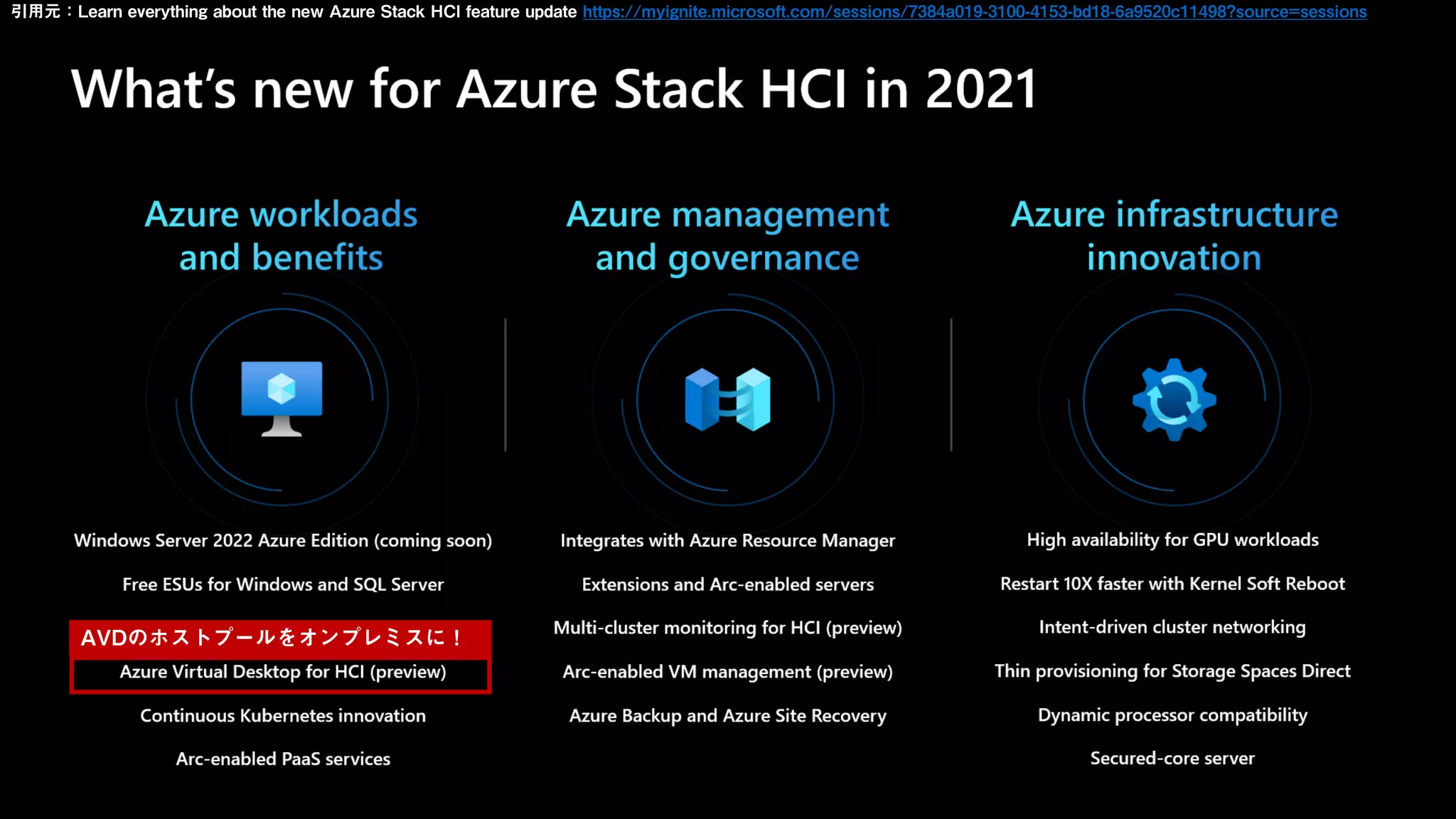 AVDのホストプールをオンプレミスに！
引用元：Learn everything about the new Azure Stack HCI feature update https://myignite.microsoft.com/sessions/7384a019-3100-4153-bd18-6a9520c11498?source=sessions
 