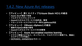 1.4.2. New Azure Arc releases
• 【プレビュー】深くネイティブなAzure Stack HCIとの統合
• Azure Arcが規定で有効
• マルチクラスタモニタリング
• AzureからのセルフサービスVM作成、管理
• マネージドサービスプロバイダー用のLighthouse対応
• 【プレビュー】 VMware vSphereとの統合
• 複数のvSphere環境の管理
• AzureからのセルフサービスでのVM管理
• 【プレビュー】 Azure Arc-enabled machine learning
• クラウド環境だけでなく、オンプレミス、マルチクラウド環境でも、推論と
スコアリングが可能に
• GCP(GKE), AWS(EKS)もサポート
 