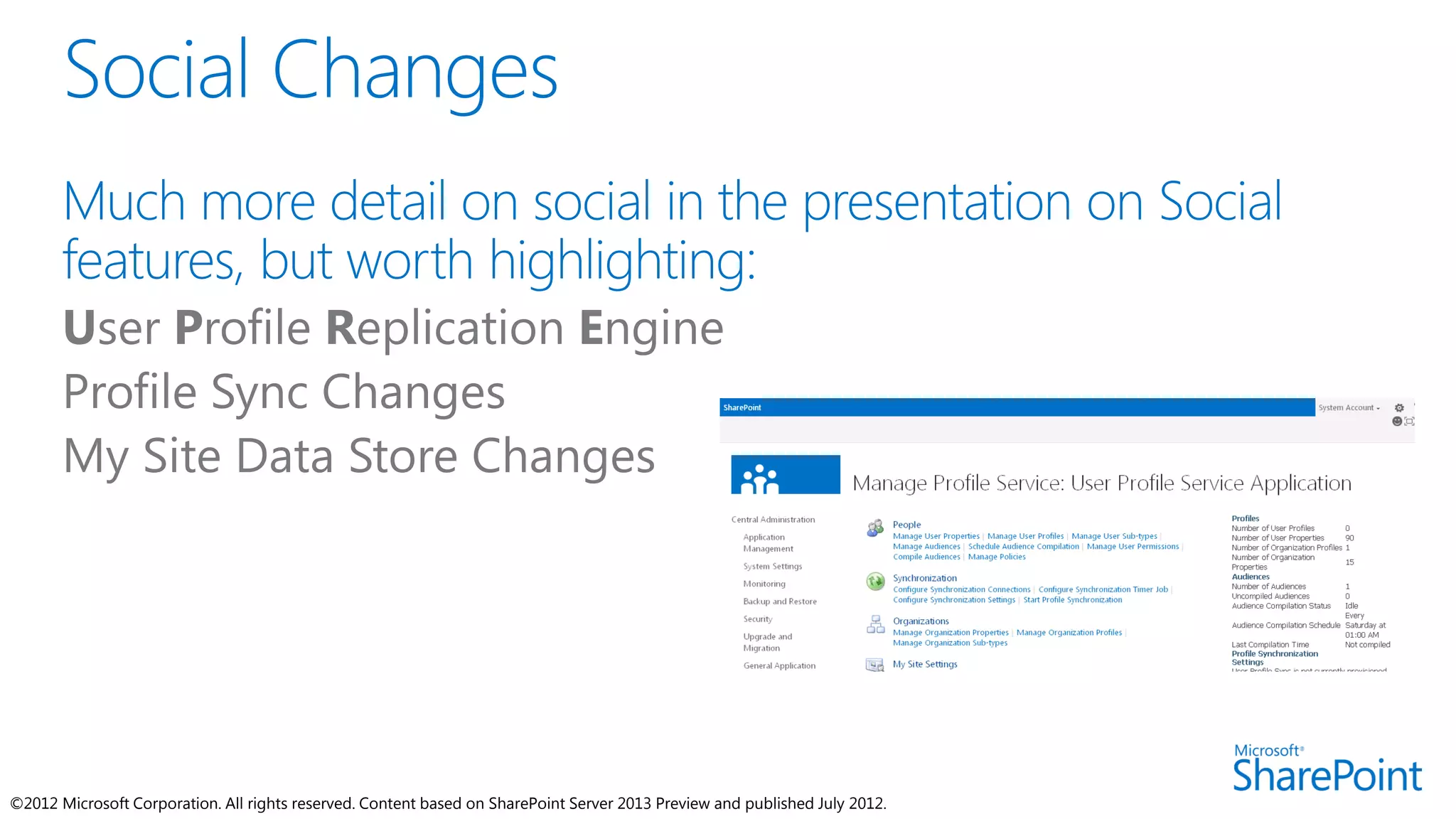 ©2012 Microsoft Corporation. All rights reserved. Content based on SharePoint Server 2013 Preview and published July 2012.
 