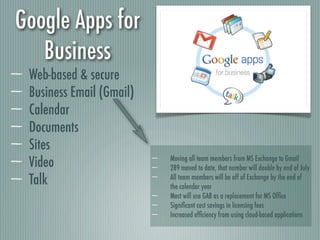 Google Apps for
   Business
 Web-based & secure
 Business Email (Gmail)
 Calendar
 Documents
 Sites
 Video                    Moving all team members from MS Exchange to Gmail
                          289 moved to date, that number will double by end of July
 Talk                     All team members will be off of Exchange by the end of
                          the calendar year
                          Most will use GAB as a replacement for MS Ofﬁce
                          Signiﬁcant cost savings in licensing fees
                          Increased efﬁciency from using cloud-based applications
 