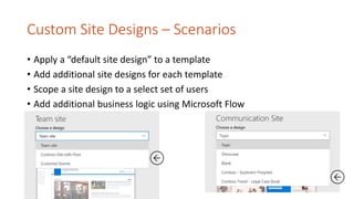Custom Site Designs – Scenarios
• Apply a “default site design” to a template
• Add additional site designs for each template
• Scope a site design to a select set of users
• Add additional business logic using Microsoft Flow
 
