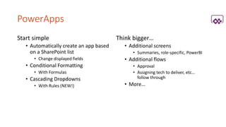 PowerApps
Start simple
• Automatically create an app based
on a SharePoint list
• Change displayed fields
• Conditional Formatting
• With Formulas
• Cascading Dropdowns
• With Rules (NEW!)
Think bigger…
• Additional screens
• Summaries, role-specific, PowerBI
• Additional flows
• Approval
• Assigning tech to deliver, etc…
follow through
• More…
 