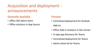 Acquisition and deployment -
announcements
Generally Available
• Office 365 Admin Store
• Office solutions in App Source
Preview
• Centralized deployment for Outlook
Add-ins
• Office Add-in Analytics in Dev Center
• In-app app discovery for Teams
• Centralized deployment for Teams
• Admin allow list for Teams
 