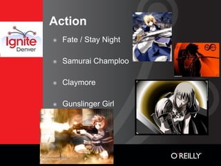 Action
๏   Fate / Stay Night

๏   Samurai Champloo

๏   Claymore

๏   Gunslinger Girl
 