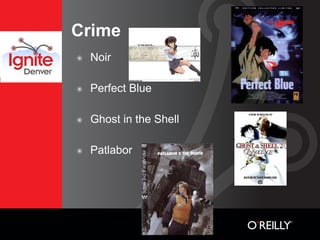 Crime
๏   Noir

๏   Perfect Blue

๏   Ghost in the Shell

๏   Patlabor
 