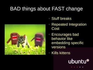 BAD things about FAST change
              ●   Stuff breaks
              ●   Repeated Integration
                  Cost
              ●   Encourages bad
                  behavior like
                  embedding specific
                  versions
              ●   Kills kittens
 