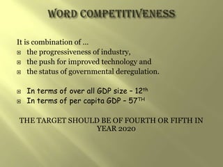 It is combination of …
 the progressiveness of industry,

 the push for improved technology and

 the status of governmental deregulation.



   In terms of over all GDP size – 12th
   In terms of per capita GDP – 57TH

THE TARGET SHOULD BE OF FOURTH OR FIFTH IN
                 YEAR 2020
 