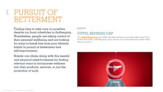 © 2015 Ignited, LLC. Proprietary and confidential.
PURSUIT OF
BETTERMENT
VITTEL REFRESH CAP
The Vittel Refresh Cap is a bottle cap that reminds you to drink water every hour.
At the hour mark, a red flag pops up to remind you to rehydrate and resets every
time you open it.
Finding time to take care of ourselves
despite our busy schedules is challenging.
Nonetheless, people are taking control of
their personal wellbeing and are looking
for ways to break free from poor lifestyle
habits in pursuit of betterment and
self-improvement.
Brands can chime along with this mental
and physical need-to-cleanse by ﬁnding
relevant ways to incorporate wellness
into their products, services, or just the
promotion of such.
1
 