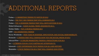 © 2015 Ignited, LLC. Proprietary and confidential.
ADDITIONAL REPORTS
Forbes — 11 MARKETING TRENDS TO WATCH IN 2015
Forbes — THE TOP 7 SEO TRENDS THAT WILL DOMINATE 2015
Forbes — TOP 10 BUSINESS TRENDS THAT WILL DRIVE SUCCESS IN 2015
Global Inﬂuences — KJAER GLOBAL TREND SNAPSHOTS 2015+
Golden Gekko — TOP 10 MOBILE TRENDS 2015
GSW — 2015 MARKETING TRENDS
Havas Worldwide — NEXT YEAR IN BUSINESS, INNOVATION, AND SOCIAL RESPONSIBILITY
Hootsuite — 5 TRENDS THAT WILL CHANGE HOW YOU USE SOCIAL MEDIA IN 2015
Inbound Now — 10 ONLINE MARKETING TRENDS & PREDICTIONS FOR 2015
Inc. — 10 TRENDS FOR 2015 YOU’D BETTER PAY ATTENTION TO
Infoworld — 9 KEY ENTERPRISES TECH TRENDS FOR 2015 AND BEYOND
Mashable — 6 TECH TRENDS FOR 2015 THAT WILL CHANGE OUR FUTURE
 