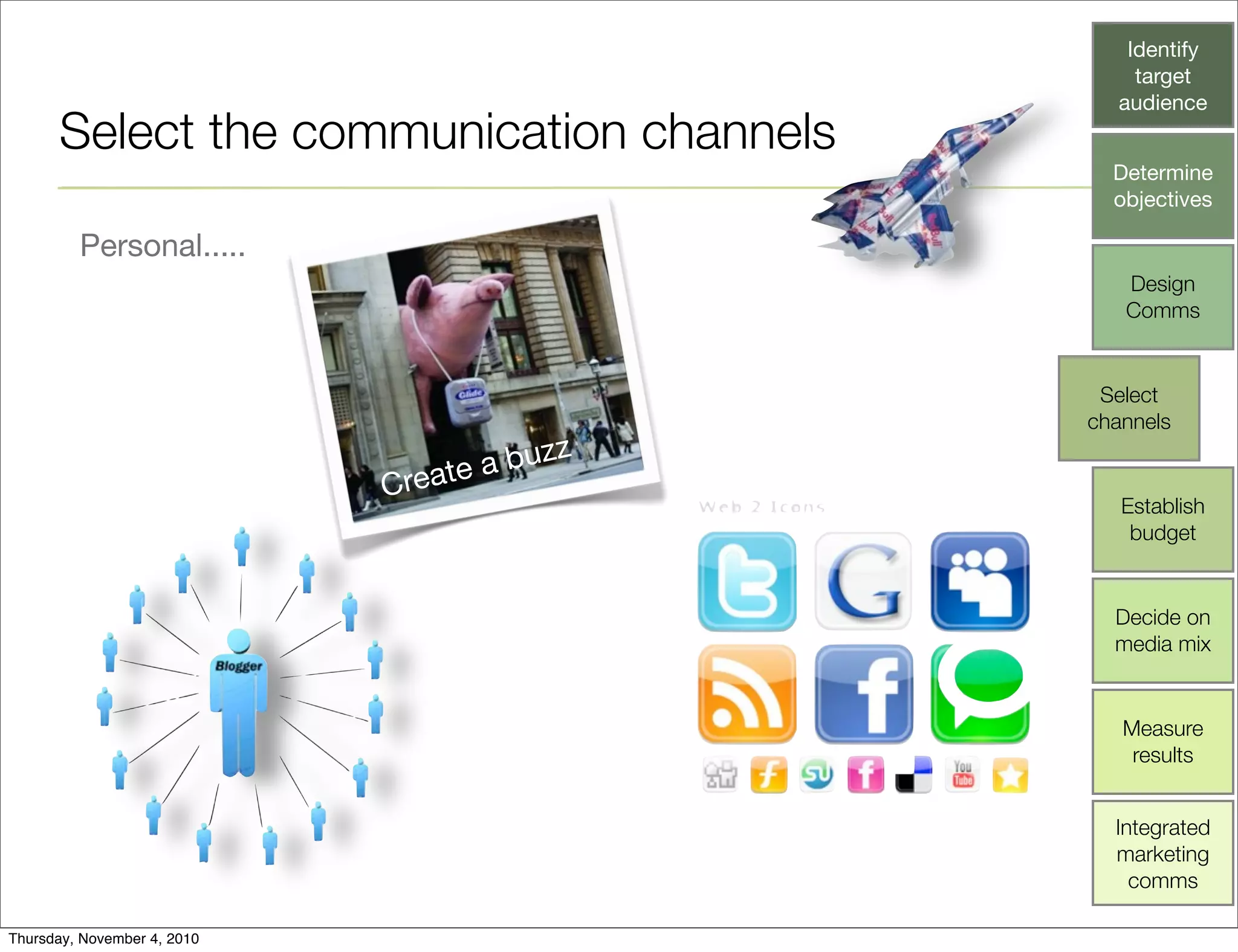 Select the communication channels
Personal.....
Identify
target
audience
Determine
objectives
Design
Comms
Select
channels
Establish
budget
Decide on
media mix
Measure
results
Integrated
marketing
comms
Create a buzz
Thursday, November 4, 2010
 