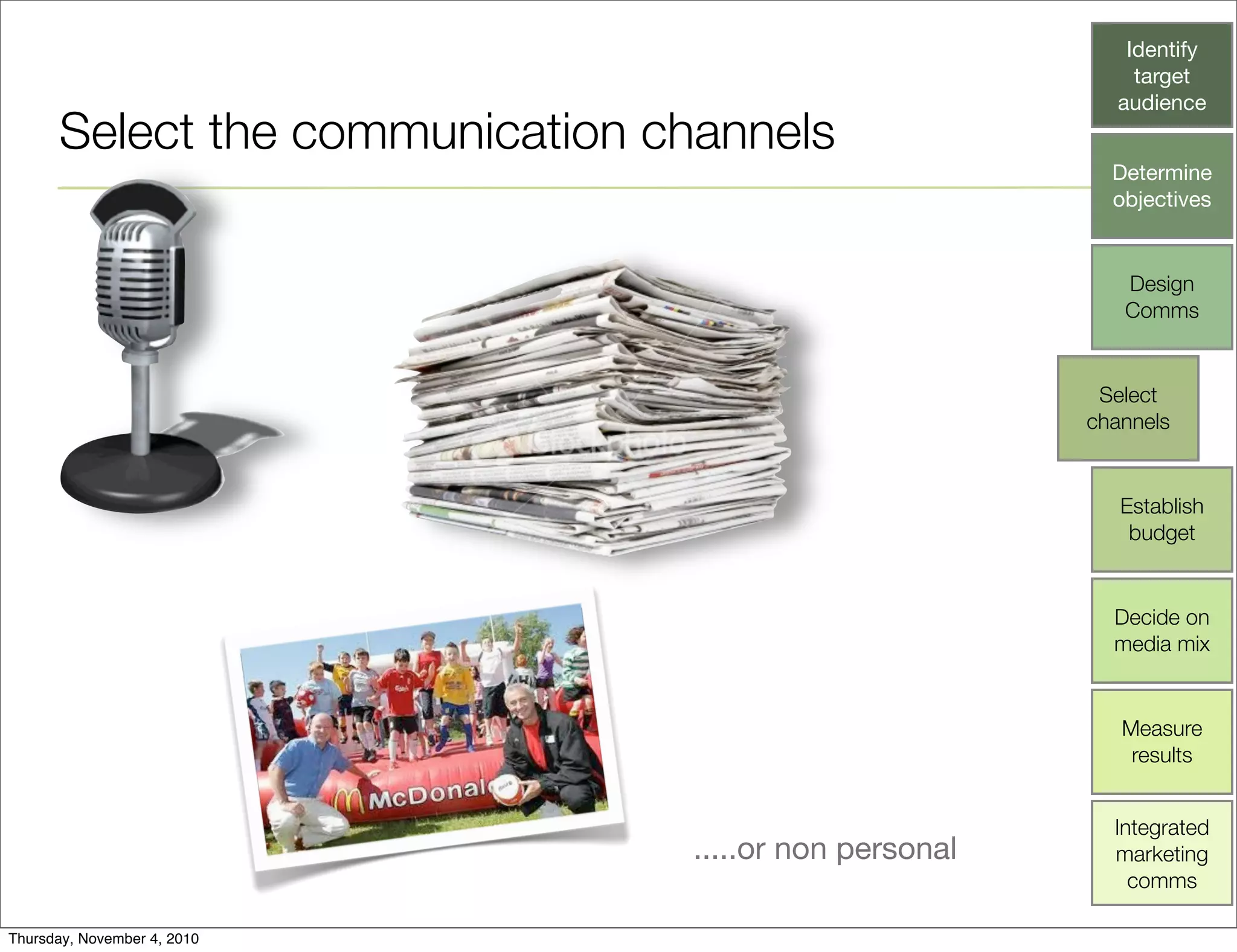 Select the communication channels
Identify
target
audience
Determine
objectives
Design
Comms
Select
channels
Establish
budget
Decide on
media mix
Measure
results
Integrated
marketing
comms
.....or non personal
Thursday, November 4, 2010
 
