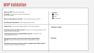 MVP Validation
Test Details:- We presented our product at exhibition and
got over 60+ feedback
Results of Test :- From over 60+ Feedbacks Approx.. 70% accept our product
Conclusion:
Realizations / Insights:
Next Steps:
How will we get to that audience? – Offline sales and word of mouth
Who is our target audience for the test? – Local Households and chic customers
Persevere
Pivot
Not conclusive
What is your MVP- Cloth waste material bags
Did enough customers buy? Why or why not? – Yes from 70% we can expect that 60 % of the
people is ready to buy the product
Did customers pay the price we expected? Why or why not? – Around 80% of the
people Agreed with the price
Did customers come back to our product or show interest in doing so? Why or
why not? – Because of Good Impact on environment , Bag Durability , and long
life
Did customers recommend our product to others or evangelize about it? Why or why not?
– Because of Designs, versatility, Affordability
 