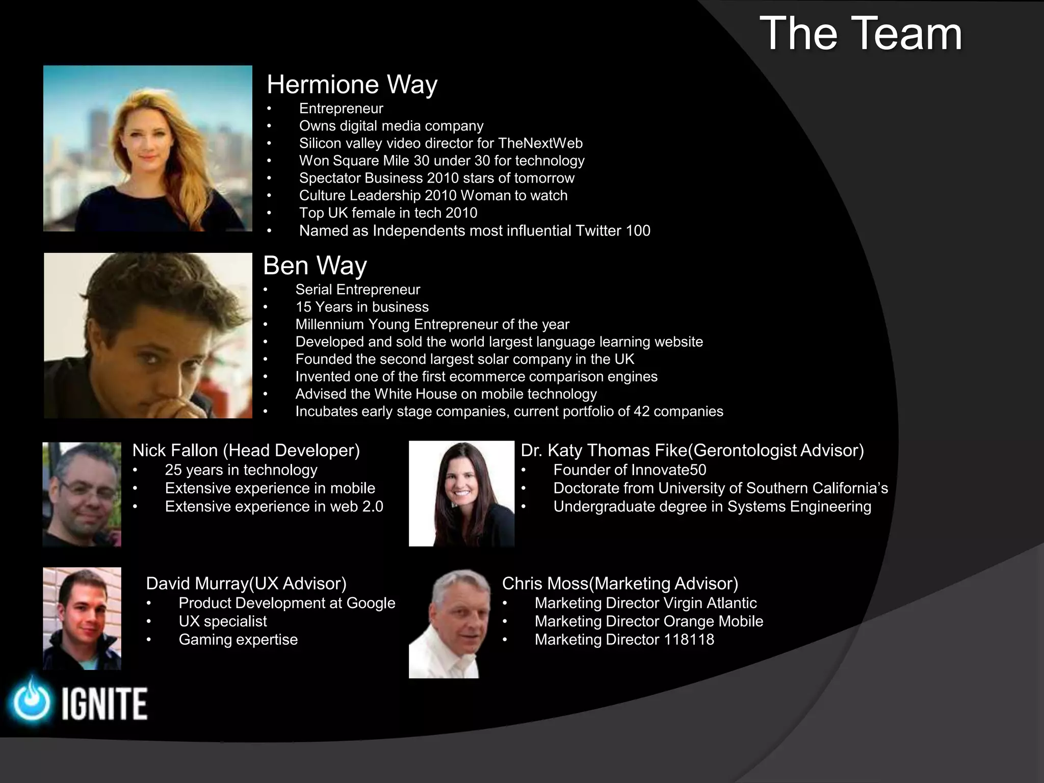 The Team
                      Hermione Way
                      •    Entrepreneur
                      •    Owns digital media company
                      •    Silicon valley video director for TheNextWeb
                      •    Won Square Mile 30 under 30 for technology
                      •    Spectator Business 2010 stars of tomorrow
                      •    Culture Leadership 2010 Woman to watch
                      •    Top UK female in tech 2010
                      •    Named as Independents most influential Twitter 100

                     Ben Way
                     •    Serial Entrepreneur
                     •    15 Years in business
                     •    Millennium Young Entrepreneur of the year
                     •    Developed and sold the world largest language learning website
                     •    Founded the second largest solar company in the UK
                     •    Invented one of the first ecommerce comparison engines
                     •    Advised the White House on mobile technology
                     •    Incubates early stage companies, current portfolio of 42 companies

Nick Fallon (Head Developer)                                  Dr. Katy Thomas Fike(Gerontologist Advisor)
•       25 years in technology                                •     Founder of Innovate50
•       Extensive experience in mobile                        •     Doctorate from University of Southern California’s
•       Extensive experience in web 2.0                       •     Undergraduate degree in Systems Engineering




    David Murray(UX Advisor)                              Chris Moss(Marketing Advisor)
    •    Product Development at Google                    •       Marketing Director Virgin Atlantic
    •    UX specialist                                    •       Marketing Director Orange Mobile
    •    Gaming expertise                                 •       Marketing Director 118118
 