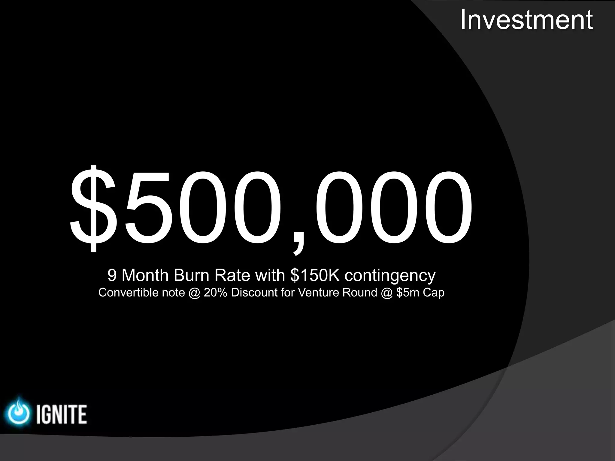 Investment




$500,000
 9 Month Burn Rate with $150K contingency
Convertible note @ 20% Discount for Venture Round @ $5m Cap
 