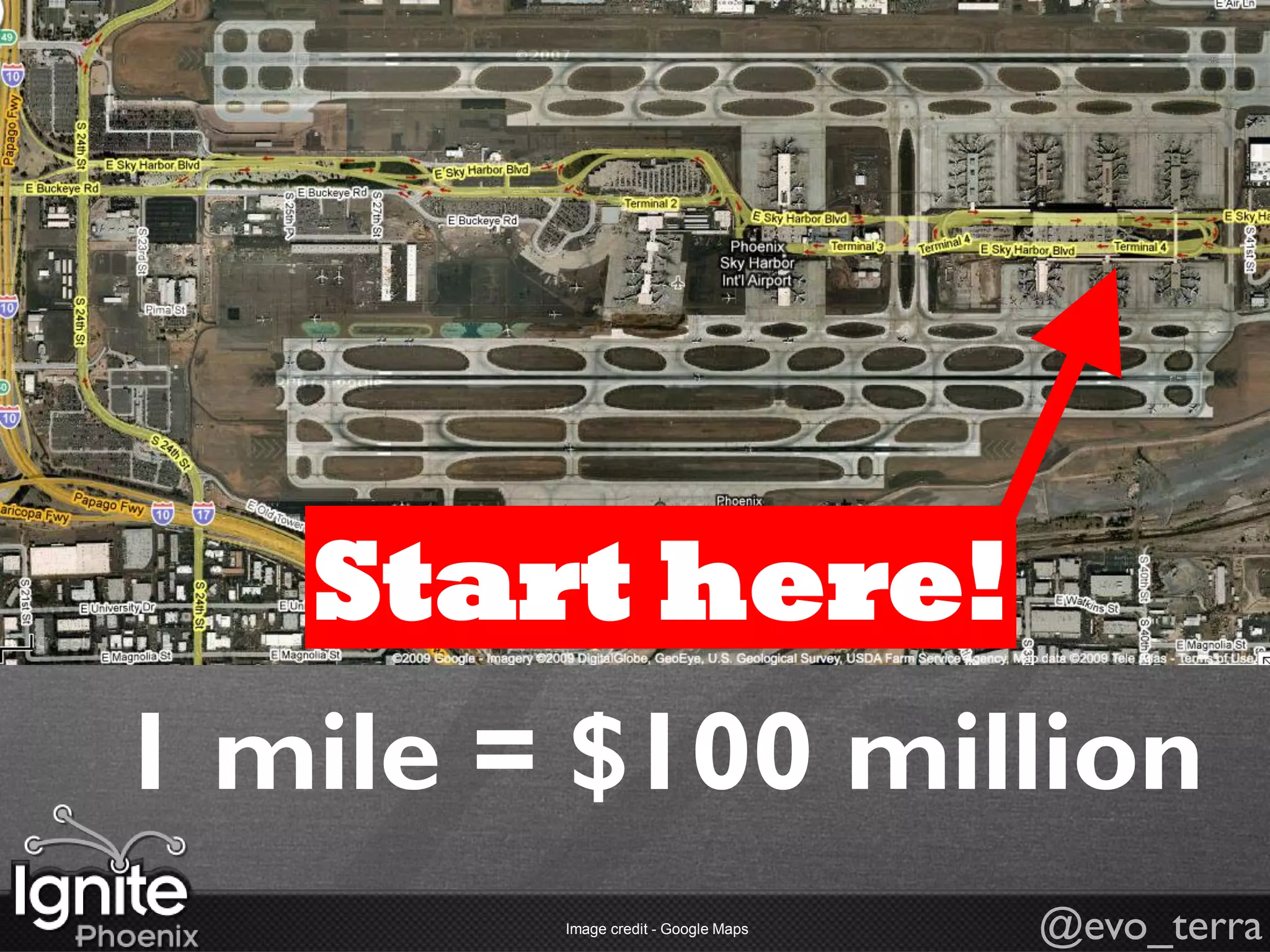 Start here!
1 mile = $100 million
        Image credit - Google Maps   @evo_terra
 