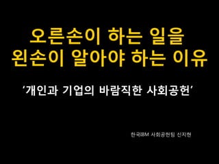 오른손이 하는 일을 
왼손이 알아야 하는 이유 
‘개인과 기업의 바람직한 사회공헌’ 
한국IBM 사회공헌팀 신지현  